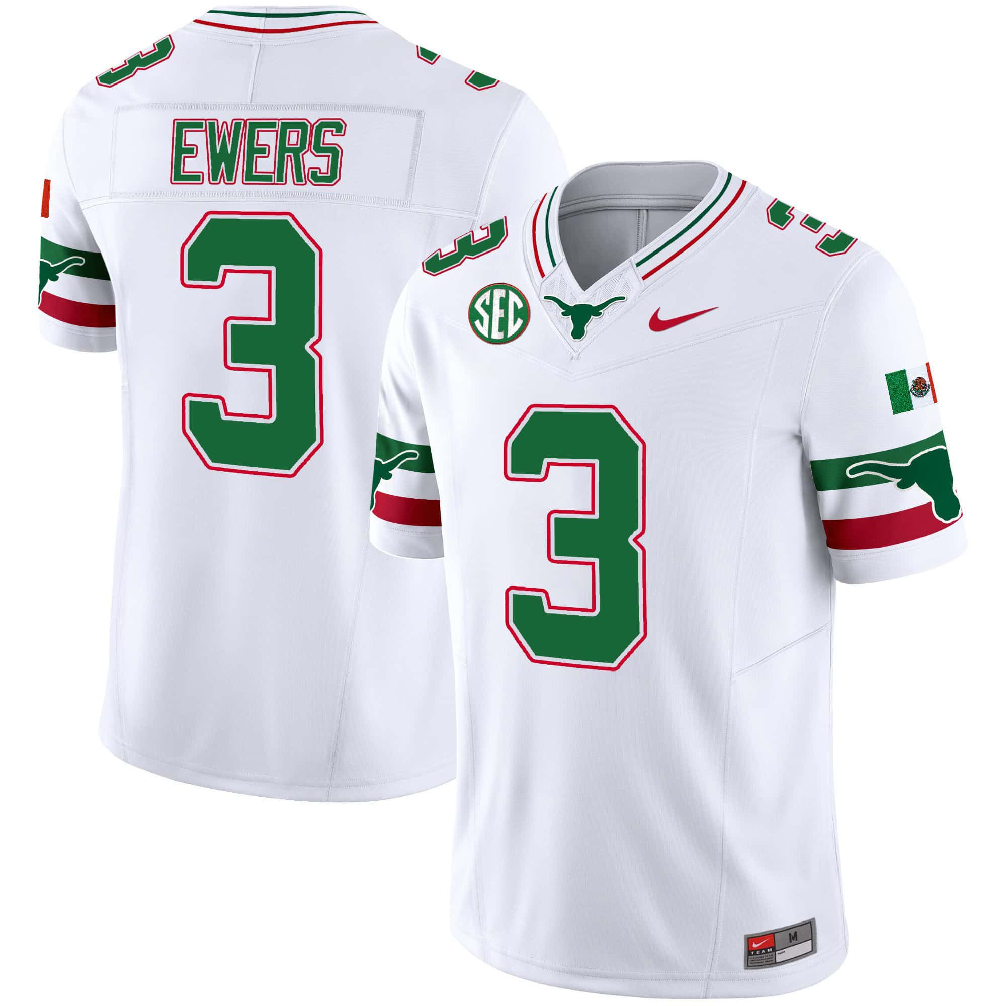 Men Texas Longhorns #3 Ewers White 2024 Nike Mexico SEC Patch Vapor NCAA Jersey